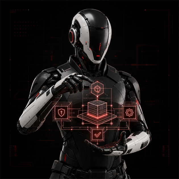 Agentic-Engineering-Figur mit Symbolen für Architektur, Sicherheit und Qualität